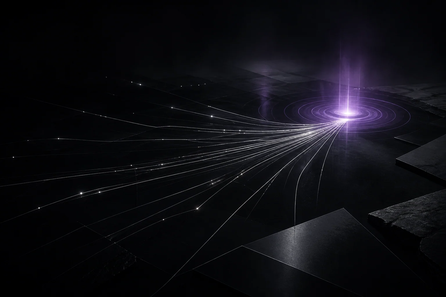 Rotas luminosas convergindo para um sinal violeta